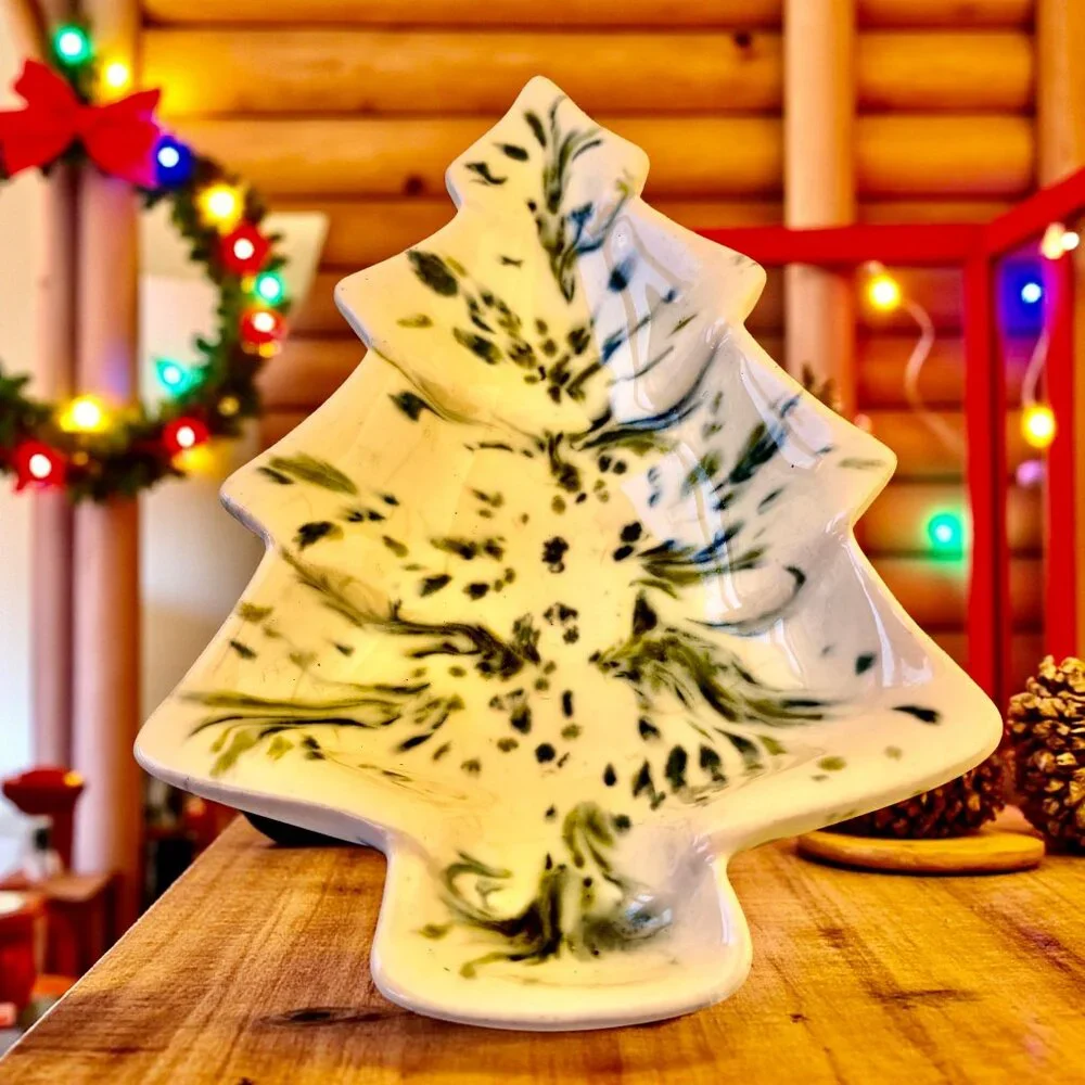 Vintage 70''s Ceramic Christmas Tree Speckled Splatter Candy Dish Trinket Small
